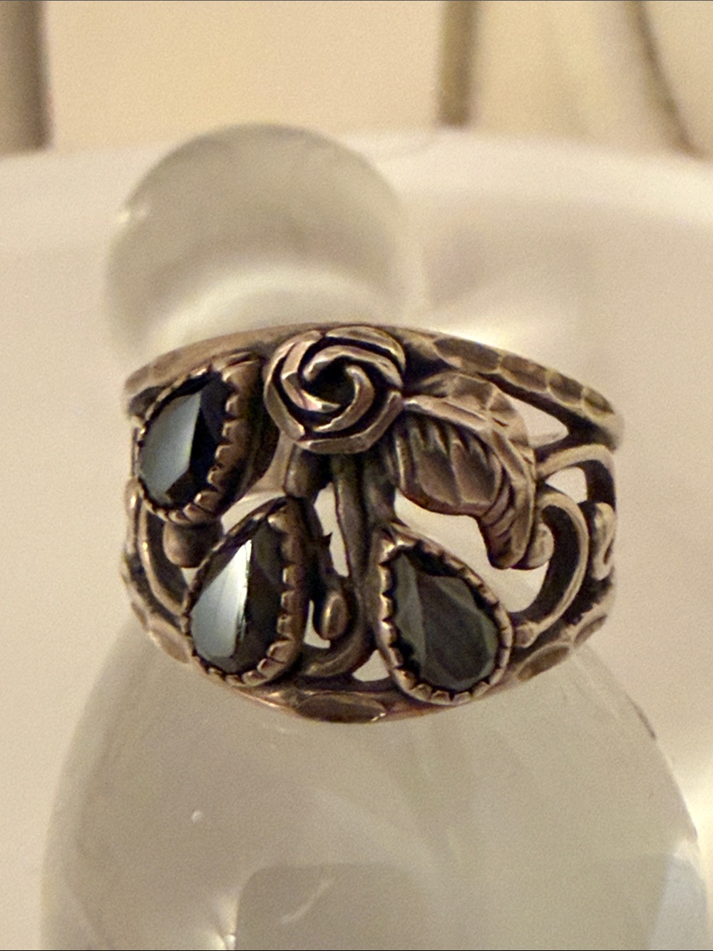 Vintage Floral Teardrop Black Stone Sterling Ring